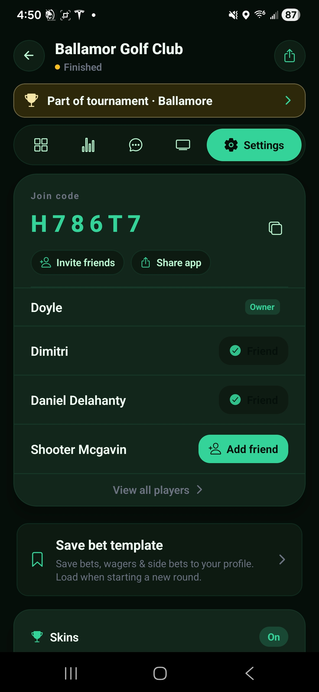 Round settings with join code, players, and save template